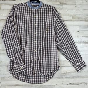 Vintage 90s Chaps Ralph Lauren Plaid Band Collar Shirt Mens Medium 100% Cotton